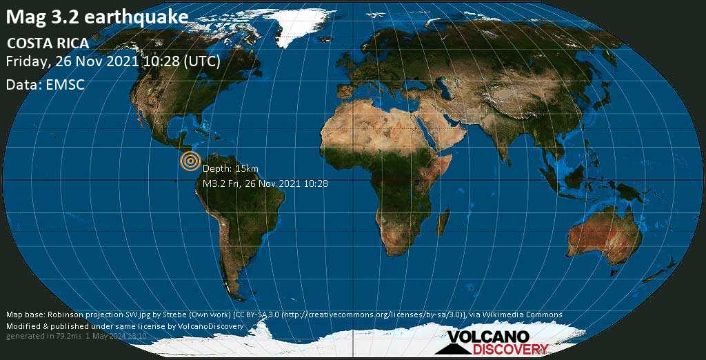 Séisme faible mag. 3.2 - 6.1 km au sud de Golfito, Provincia de Puntarenas, Costa Rica, vendredi, 26 nov. 2021 04:28 (GMT -6)