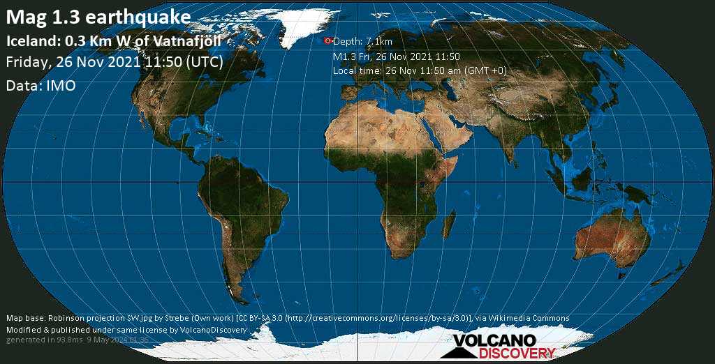 Незначительное землетрясение маг. 1.3 - Iceland: 0.3 Km W of Vatnafjöll, Пятница, 26 ноя 2021 11:50 (GMT +0)