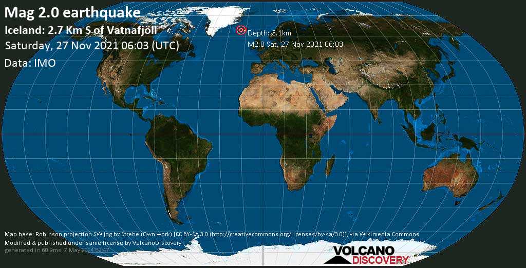 Слабое землетрясение маг. 2.0 - Iceland: 2.7 Km S of Vatnafjöll, Суббота, 27 ноя 2021 06:03 (GMT +0)