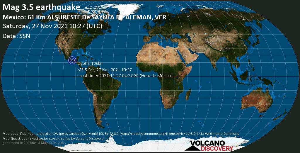 Séisme mineur mag. 3.5 - Jesus Carranza, 29 km au nord-ouest de Poblado 10, Uxpanapa, Veracruz, Mexique, samedi, 27 nov. 2021 04:27 (GMT -6)
