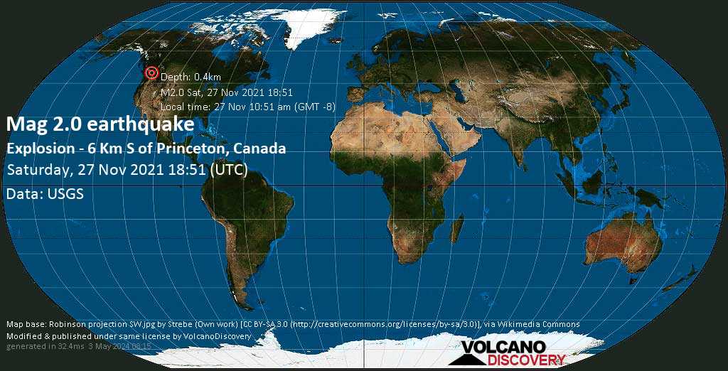 Weak mag. 2.0 earthquake - Explosion - 6 Km S of Princeton, Canada, on Saturday, Nov 27, 2021 10:51 am (GMT -8)