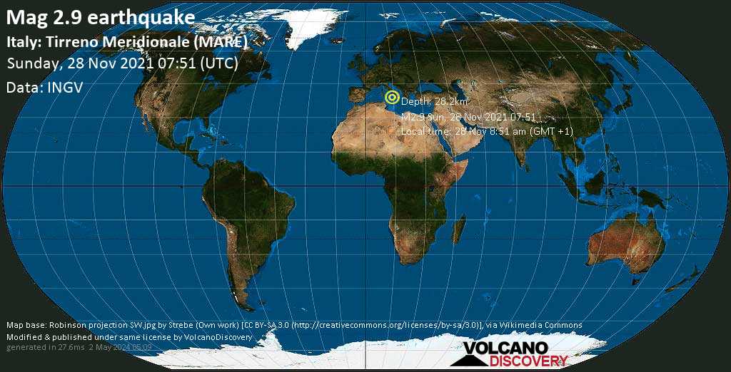 Слабое землетрясение маг. 2.9 - Тирренское море, 26 km к северо-западу от Alicudi , Италия, Воскресенье, 28 ноя 2021 08:51 (GMT +1)