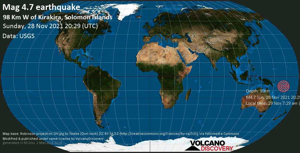 Moderate mag. 4.7 earthquake - Solomon Sea, 163 km southeast of Honiara, Solomon Islands, on Monday, Nov 29, 2021 7:29 am (GMT +11)