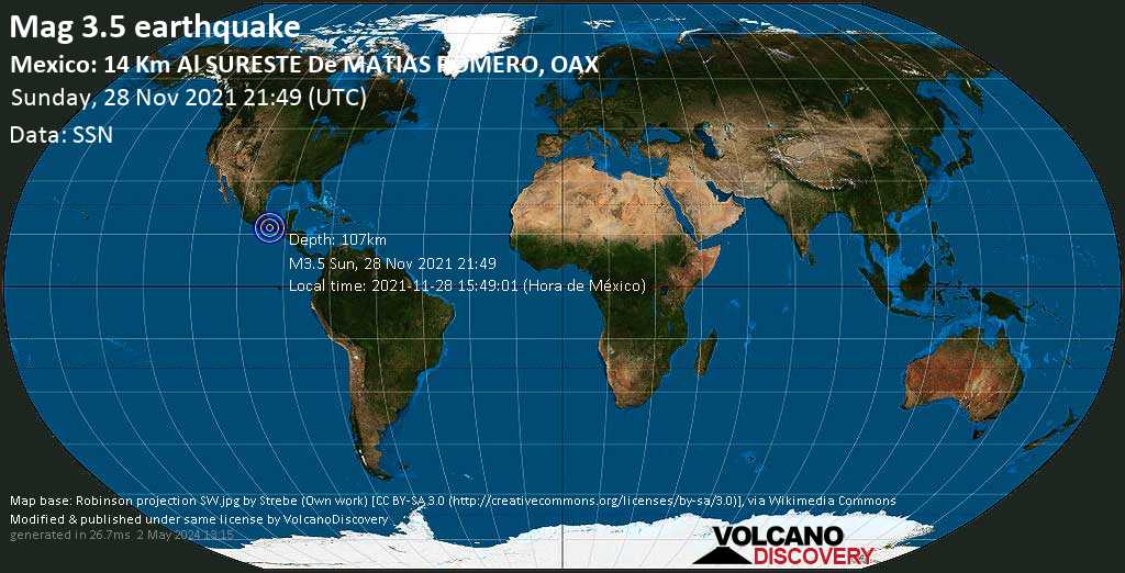 Sismo minore mag. 3.5 - Asuncion Ixtaltepec, 35 km a nord da Juchitan de Zaragoza, Oaxaca, Messico, domenica, 28 nov 2021 15:49 (GMT -6)