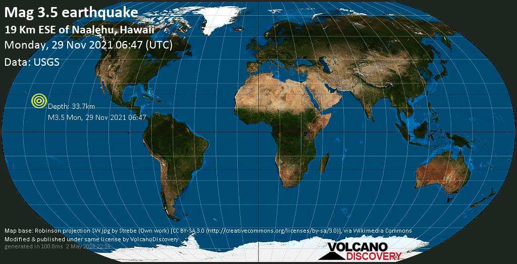 Sismo débil mag. 3.5 - North Pacific Ocean, 57 miles SSW of Hilo, Hawaii County, USA, domingo, 28 nov 2021 20:47 (GMT -10)