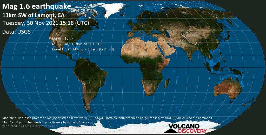 Minor mag. 1.6 earthquake - 13km SW of Lamont, CA, on Tuesday, Nov 30, 2021 7:18 am (GMT -8)