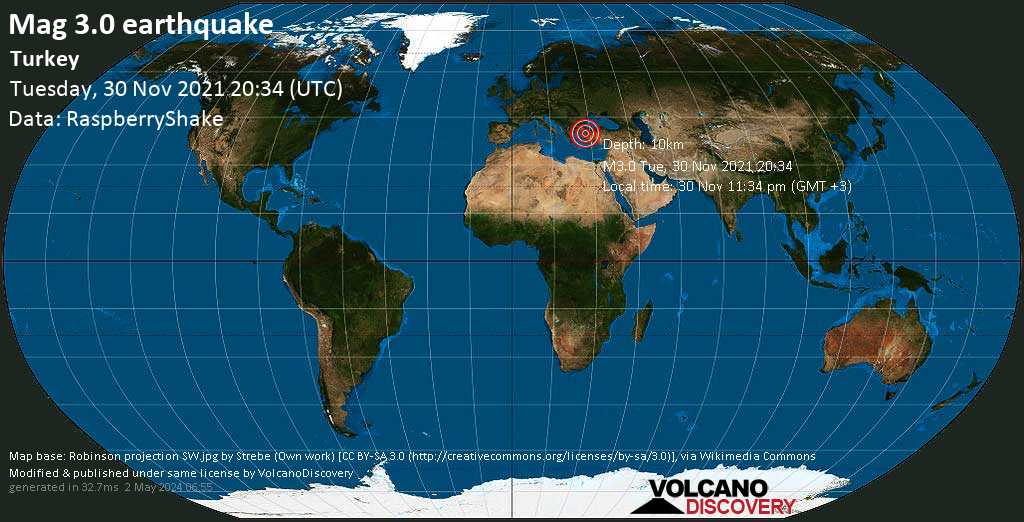 Light mag. 3.0 earthquake - 8.5 km east of Balıkesir, Turkey, on Tuesday, Nov 30, 2021 11:34 pm (GMT +3)