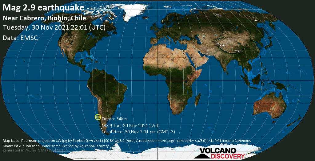 Αδύναμος σεισμός μεγέθους 2.9 - 30 km ανατολικά από Κονσεπσιόν, Provincia de Concepcion, Region del Biobio, Χιλή, Τρίτη, 30 Νοε 2021 19:01 (GMT -3)