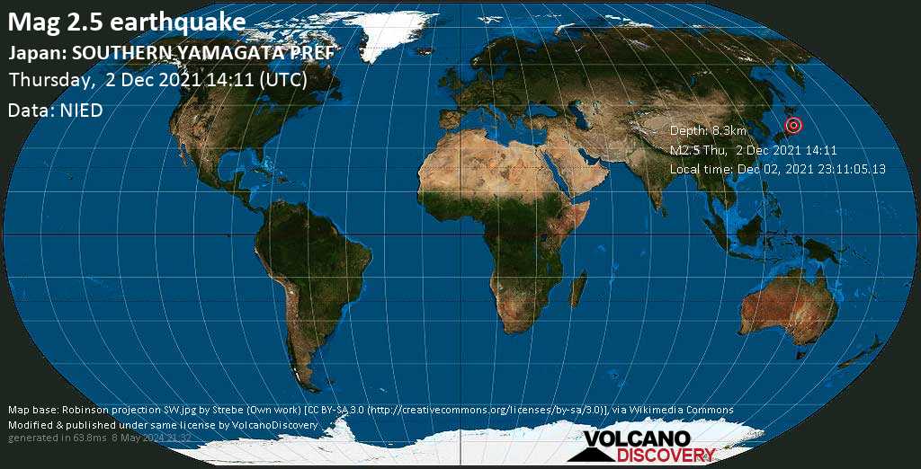 Sismo débil mag. 2.5 - Fukushima, 16 km SSW of Yonezawa, Yamagata, Japan, jueves,  2 dic 2021 23:11 (GMT +9)