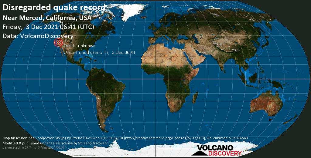 Άγνωστο γεγονός (αναφέρθηκε αρχικά ως σεισμός): 0.2 km βορειοανατολικά από Merced, Καλιφόρνια, Ηνωμένες Πολιτείες, Πέμπτη,  2 Δεκ 2021 22:41 (GMT -8)
