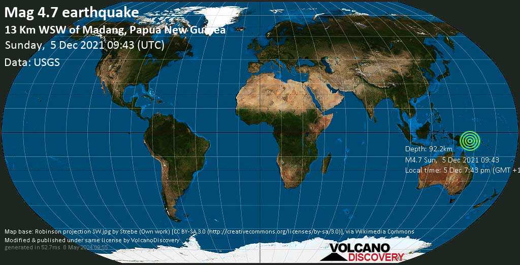 Ελαφρύς σεισμός μεγέθους 4.7 - 13 km νοτιοδυτικά από Madang, Παπούα Νέα Γουινέα, Κυριακή,  5 Δεκ 2021 19:43 (GMT +10)