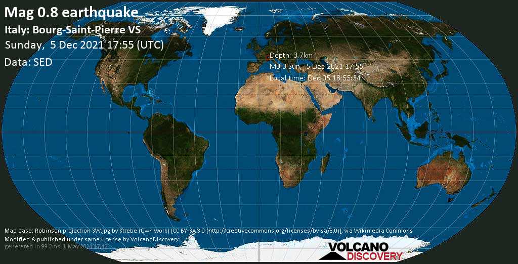 Minor mag. 1.3 earthquake - Italy: Bourg-Saint-Pierre VS on Sunday, Dec 5, 2021 6:55 pm (GMT +1)