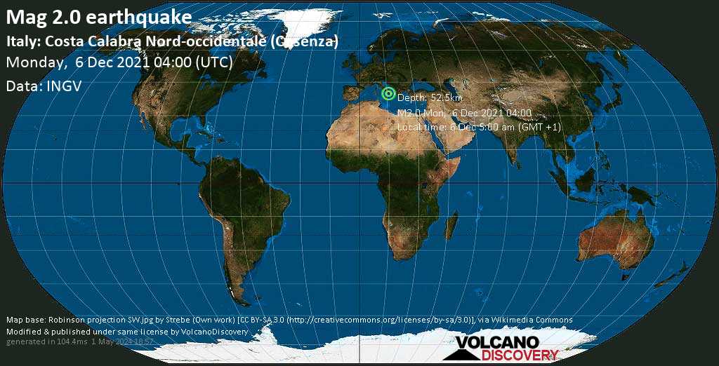 Minor mag. 2.0 earthquake - Tyrrhenian Sea, 25 km west of Quattromiglia, Cosenza, Calabria, Italy, on Monday, Dec 6, 2021 5:00 am (GMT +1)