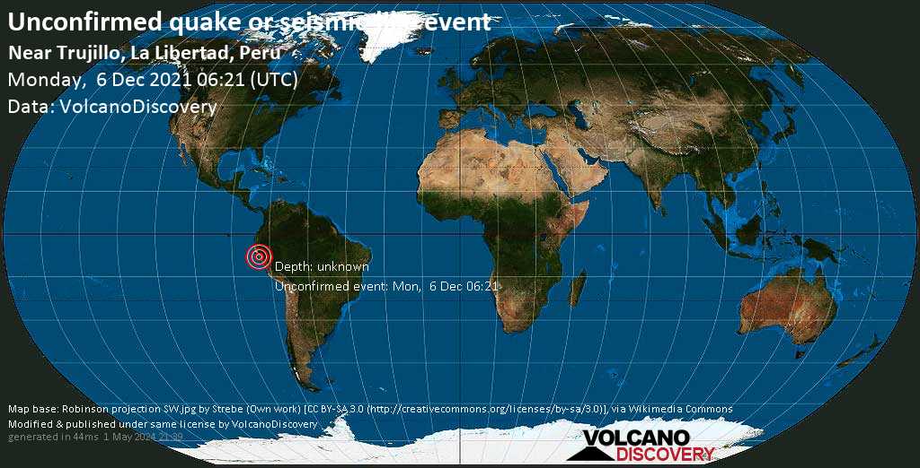 Sismo o evento simile a un terremoto segnalato: Ascope, 24 km a nord da Trujillo, Regione di La Libertad, Perù, lunedì,  6 dic 2021 01:21 (GMT -5)