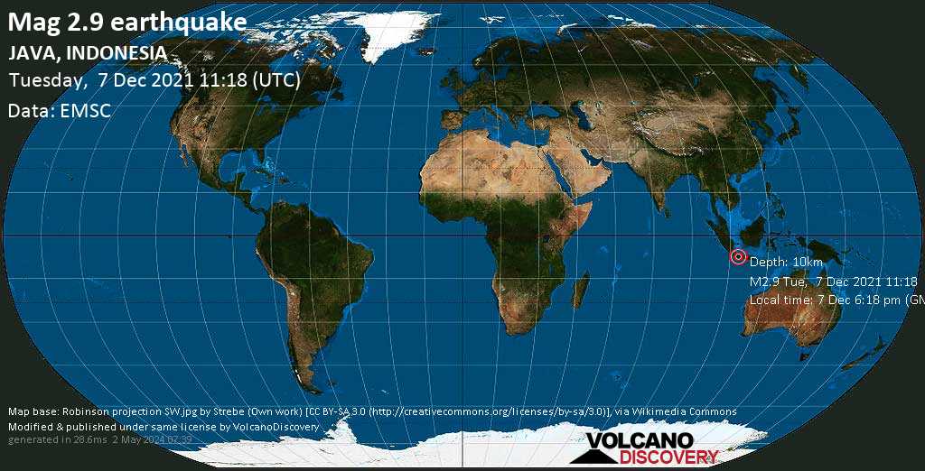 Sismo debile mag. 2.9 - 23 km a sud da Banjaran, Giava Occidentale, Indonesia, martedì,  7 dic 2021 18:18 (GMT +7)