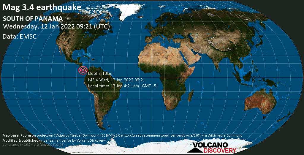 Light mag. 3.4 earthquake - North Pacific Ocean, Panama, on Wednesday, Jan 12, 2022 at 4:21 am (GMT -5)