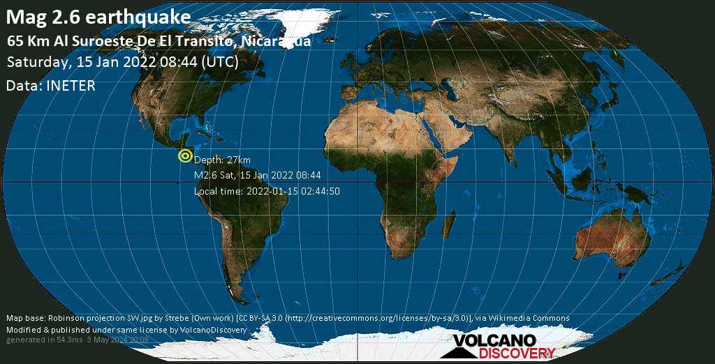 Minor mag. 2.6 earthquake - North Pacific Ocean, 114 km west of Managua, Nicaragua, on Saturday, Jan 15, 2022 2:44 am (GMT -6)