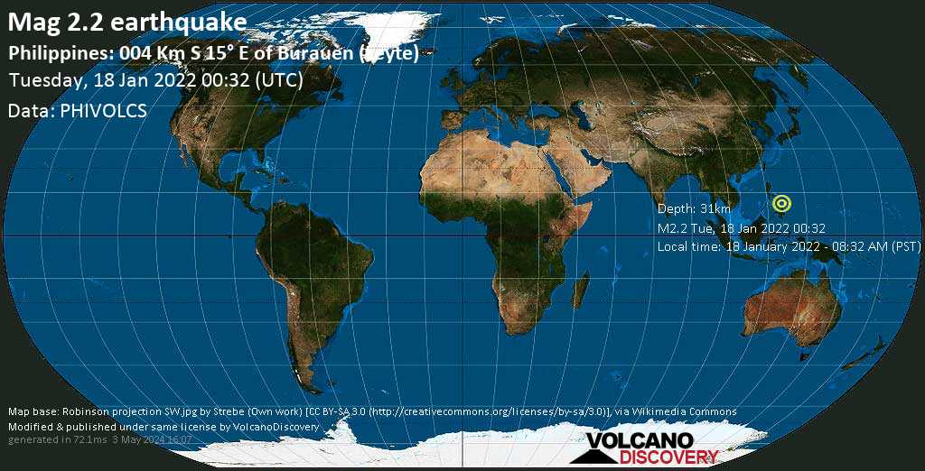 Weak mag. 2.1 earthquake - Leyte Island, Eastern Visayas, Philippines, on Tuesday, Jan 18, 2022 at 8:32 am (GMT +8)