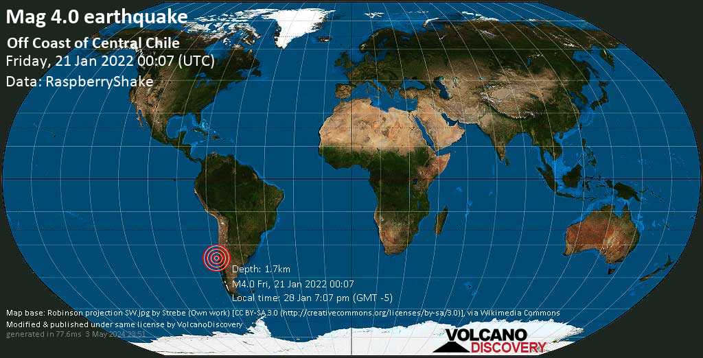 Moderate mag. 4.0 earthquake - South Pacific Ocean, Chile, on Thursday, Jan 20, 2022 at 7:07 pm (GMT -5)