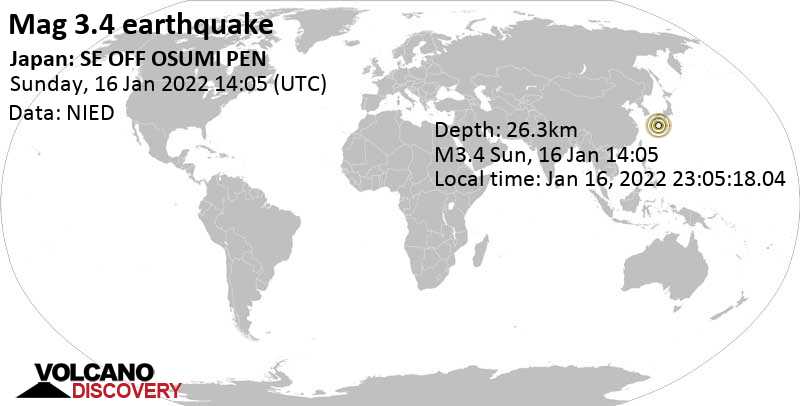 Schwaches Erdbeben Stärke 3.4 - Philippine Sea, Japan, am Sonntag, 16. Jan 2022 um 23:05 Lokalzeit
