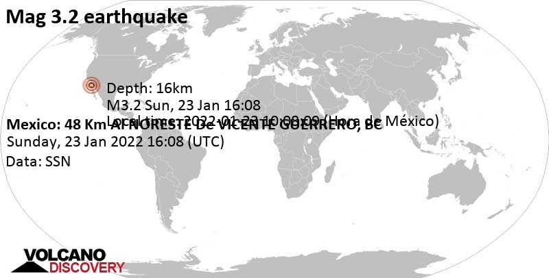 Leichtes Erdbeben der Stärke 3.2 - Mexico: 48 Km Al NORESTE De VICENTE GUERRERO, BC, am Sonntag, 23. Jan 2022 um 08:08 Lokalzeit