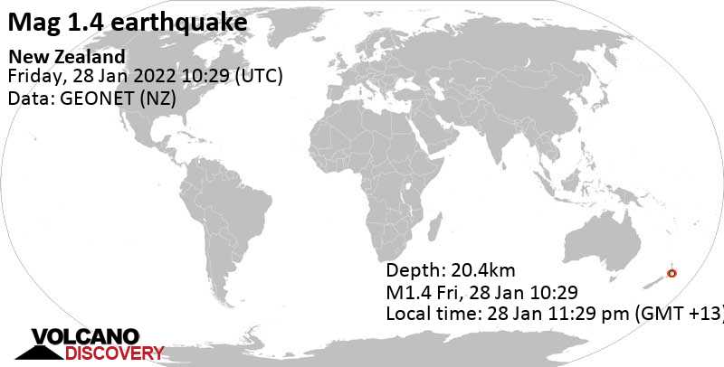 Sehr schwaches Beben Stärke 1.4 - New Zealand, am Freitag, 28. Jan 2022 um 23:29 Lokalzeit